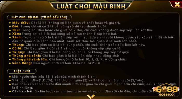 Thuật ngữ cơ bản trong game bài Mậu Binh tại Go88