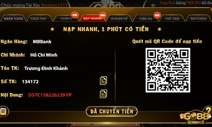 Nạp tiền vào tài khoản Go88