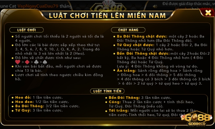 Luật chơi cơ bản của tiến lên miền Nam Go88